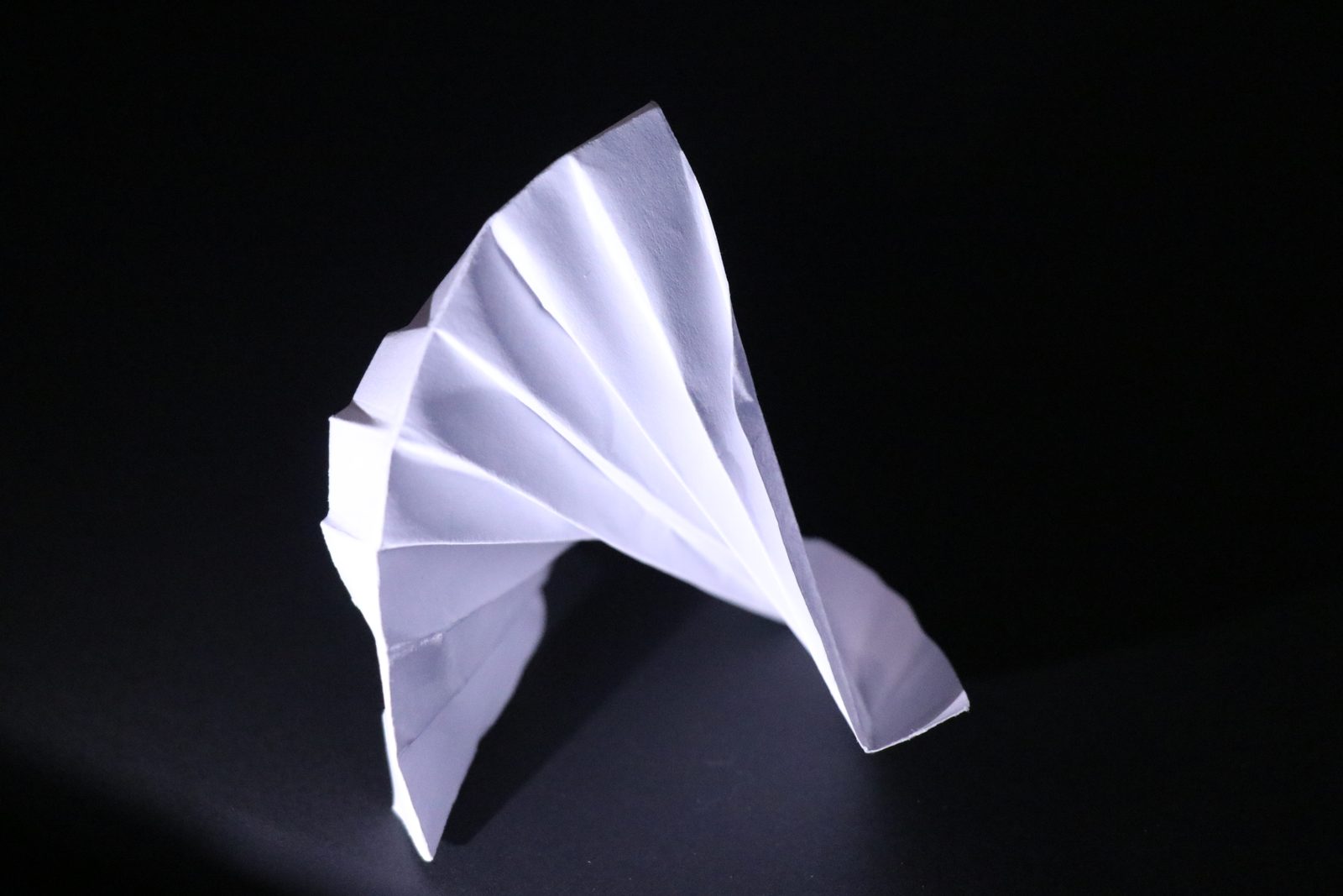 White folded paper fan in a pool of light on black.