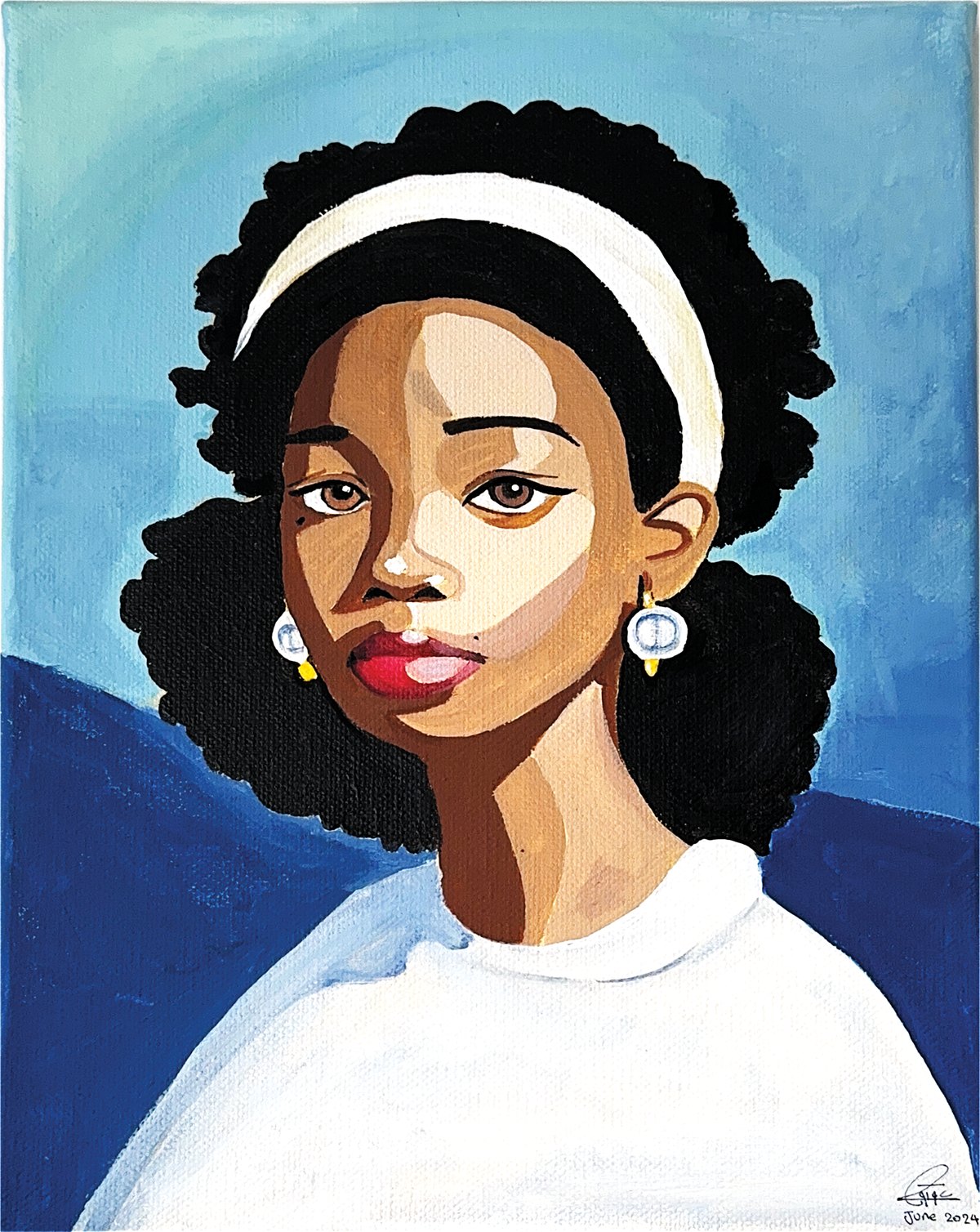 Acrylic portrait of a young woman with dark curly hair, a cream headband and pearl earrings, painted in flat planes of brown, white and two blues.