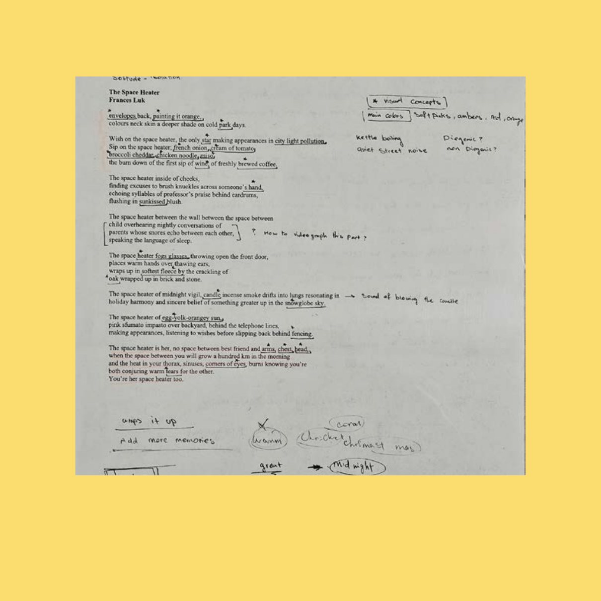 A printed copy of the poem The Space Heater covered in handwritten notes and arrows.