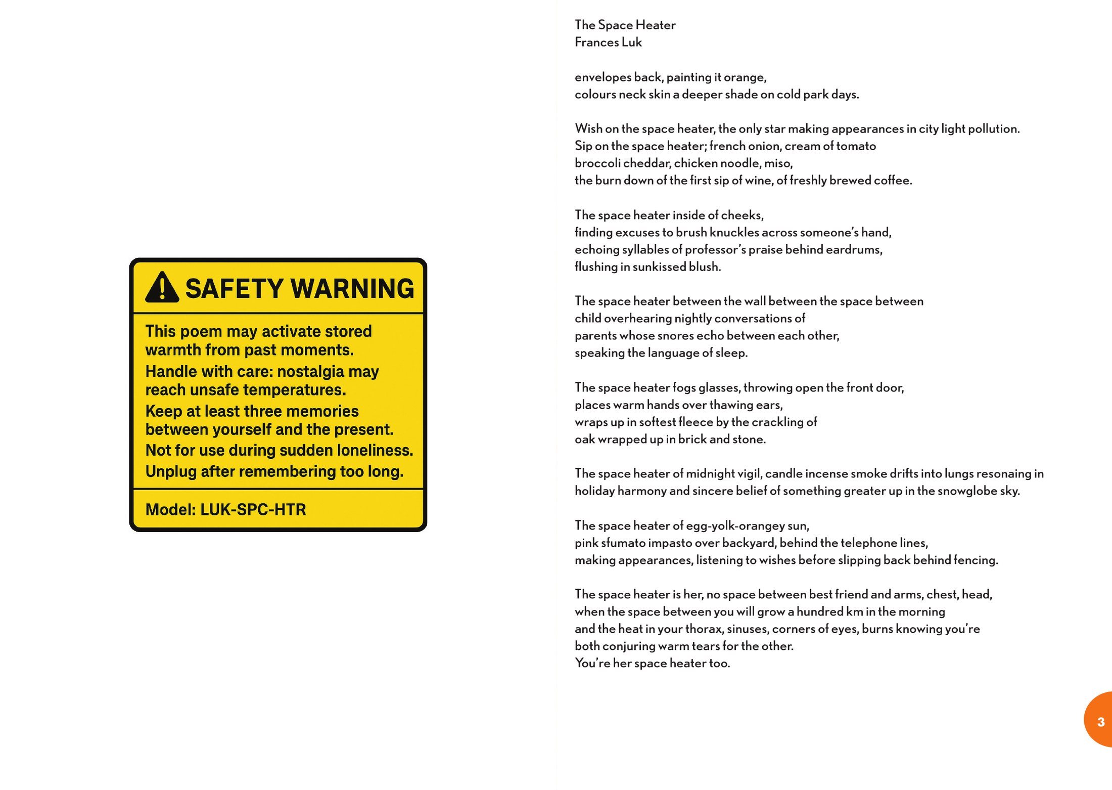 Pages 2 and 3: a yellow safety warning label on the left page and the full poem set in small type on the right page.