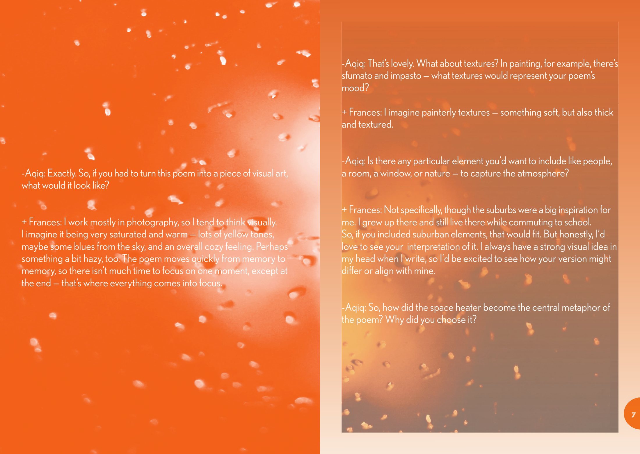 Centre spread, pages 6 and 7: interview text in white over orange photographs of water droplets and soft bokeh lights.
