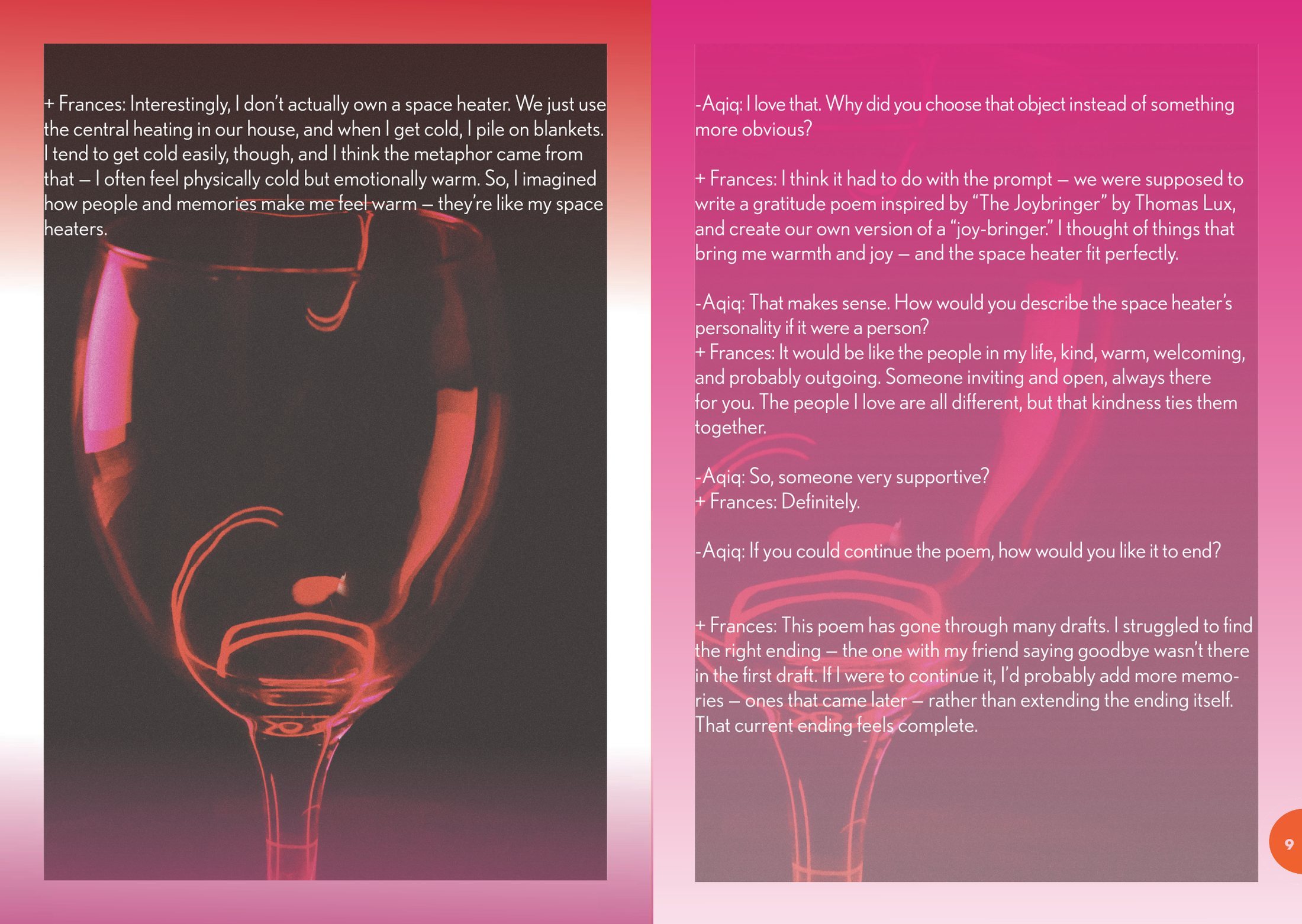 Pages 8 and 9: a wine glass lit in pink and red on a dark background, with interview text over it, and a magenta page of text.