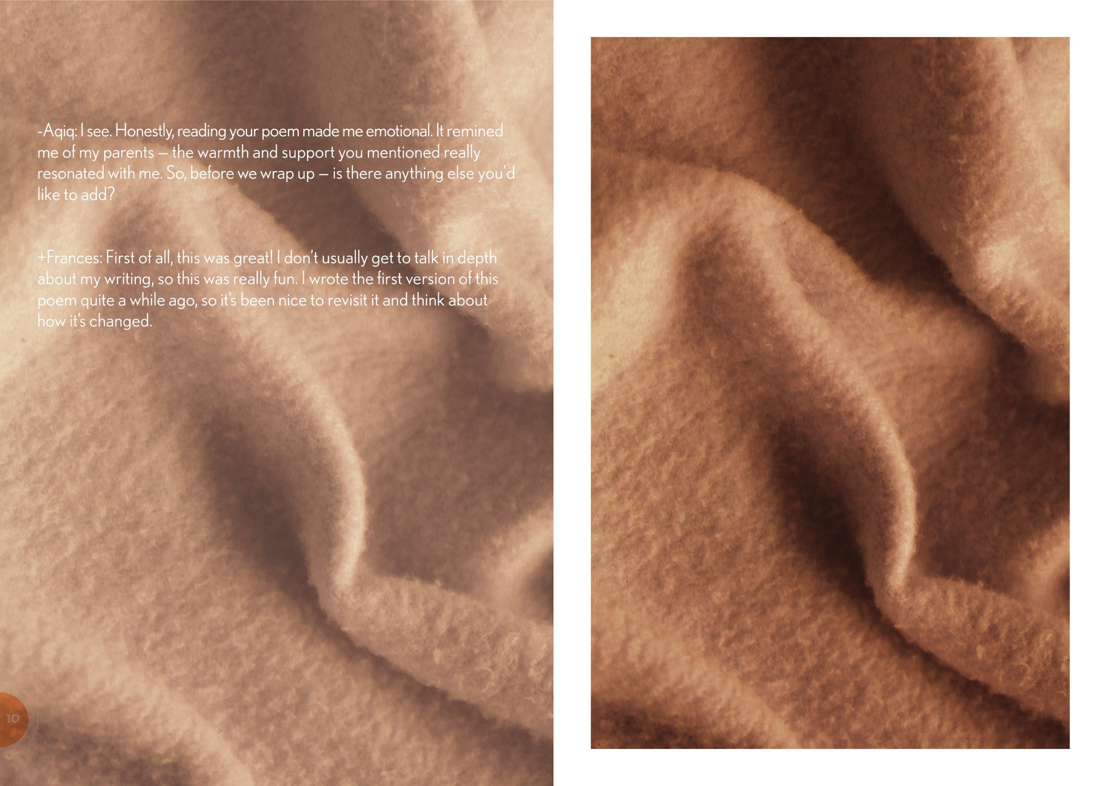 Pages 10 and 11: close photographs of a soft beige blanket, with the last part of the interview over the left page.