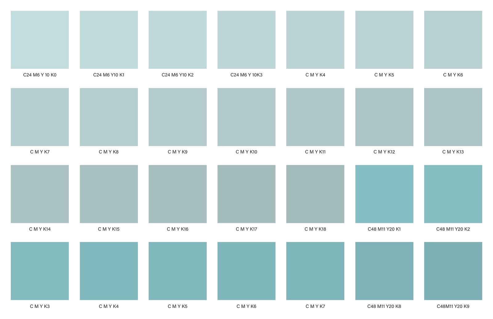 Final sheet of printed CMYK swatches moving from pale turquoise to deeper teal.