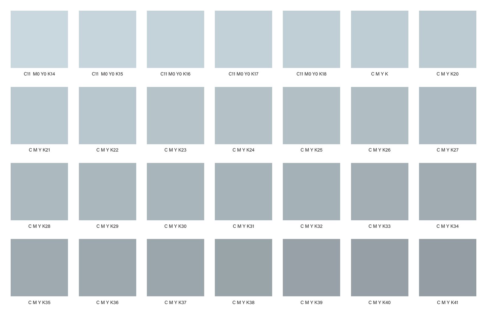 First sheet of printed CMYK swatches in grey-blues, each labelled with its values.