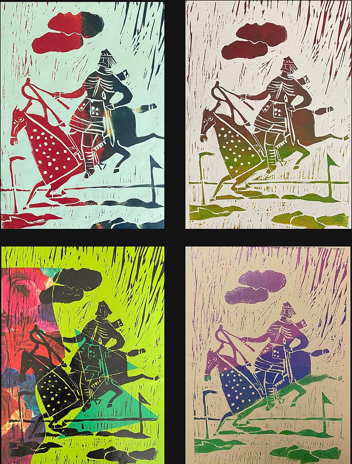 The same horse-and-rider linocut printed four times in different colour combinations.
