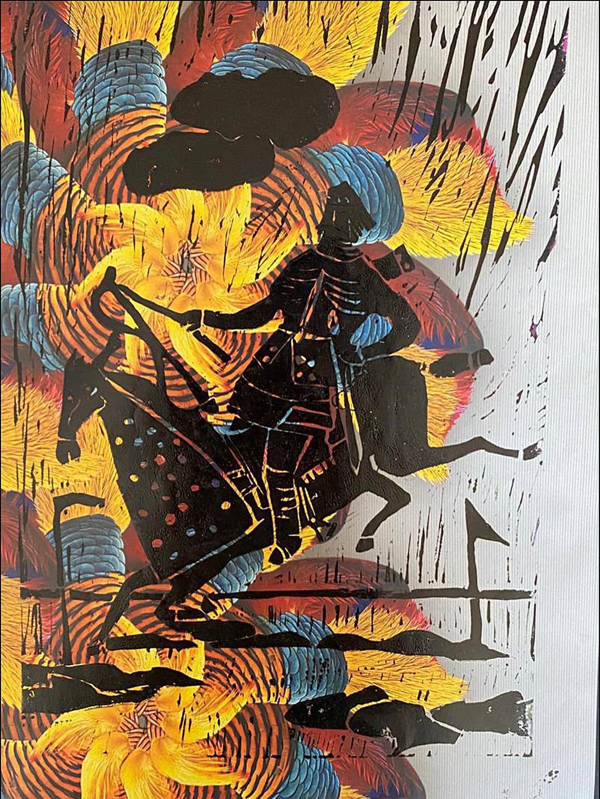 Linocut of a horse and rider in black over swirling yellow, orange and blue.
