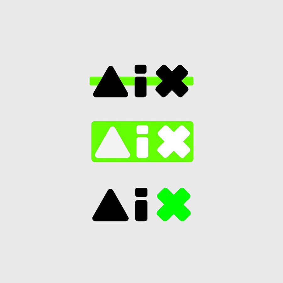 Artinx.art logo in three versions: a triangle, the letter i and a cross, in black and bright green.