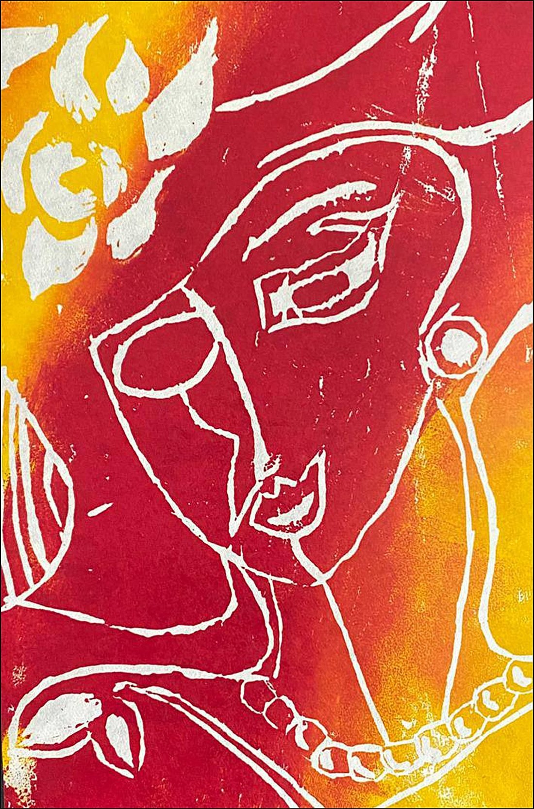 Woodcut of a face drawn in white lines over red, orange and yellow.