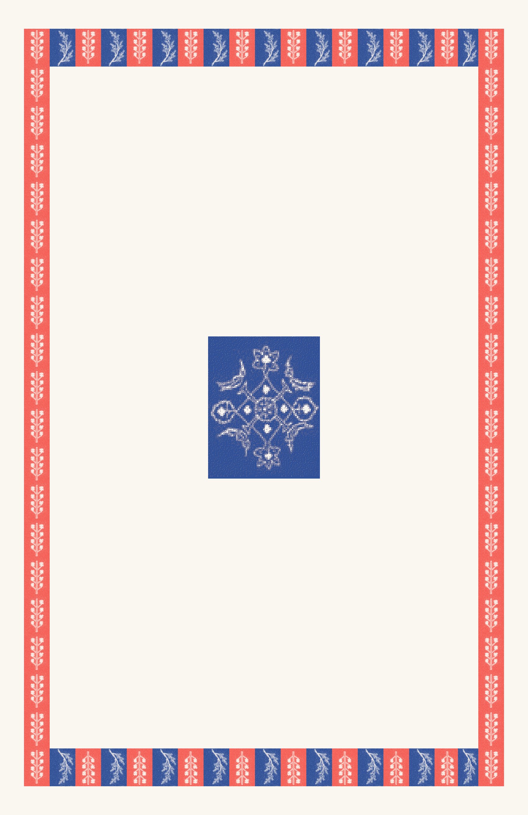 The full back of the sheet: a red and blue border with a single blue medallion in the centre.